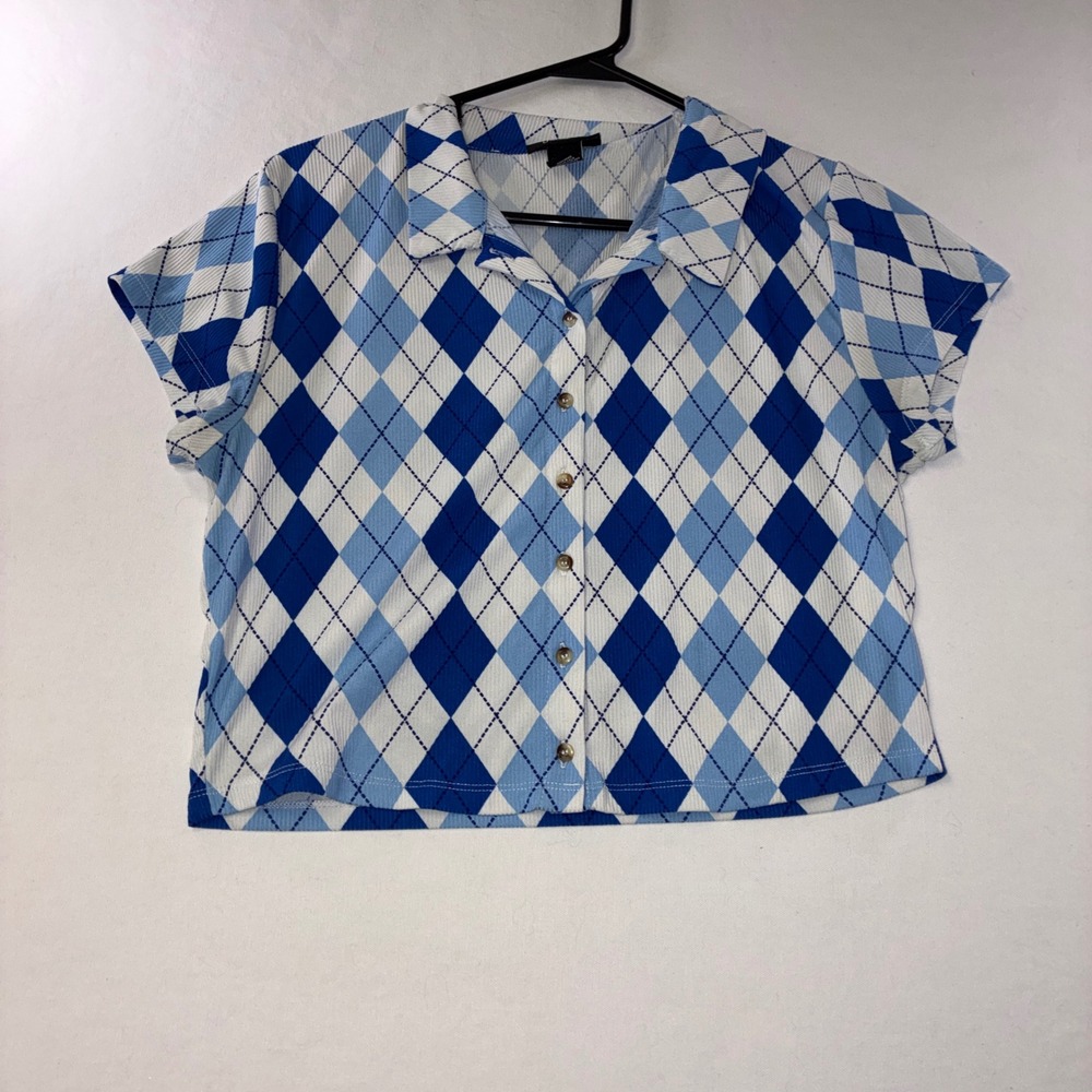 571 Preppy Just Polly Argyle Button Up Top XL Blue Ribbed Cropped Shirt